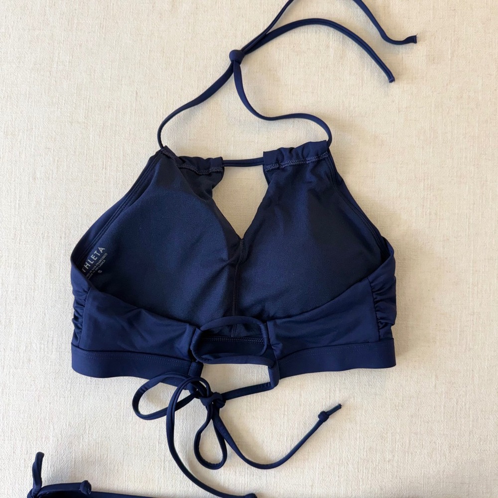 Athleta Navy Blue Bikini Set High Neck Halter Keyhole Top Side Tie Bottoms S - Picture 4 of 10